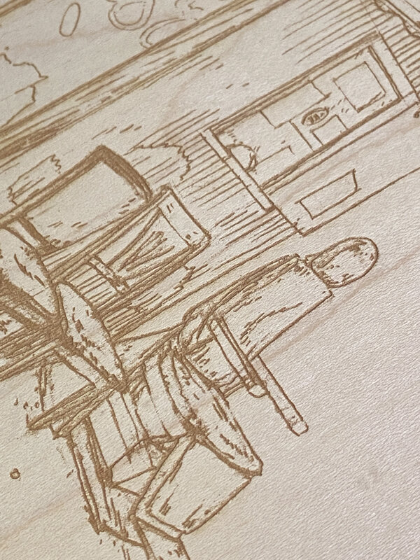 Laser engraved wood intaglio etching prints FreeFall Laser